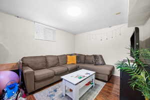 Living area featuring dark wood-type flooring