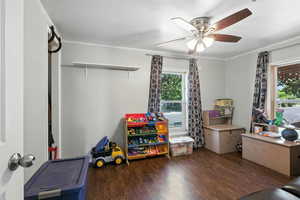 Game room featuring a ceiling fan, wood finished floors, and crown molding