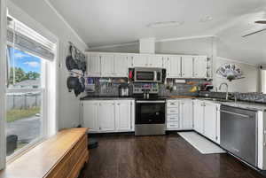 Kitchen featuring appliances with stainless steel finishes, vaulted ceiling, ornamental molding, decorative backsplash, and dark wood-style flooring