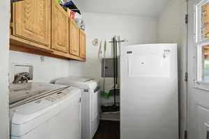 Laundry room featuring cabinet space, washing machine and dryer, electric panel, dark wood finished floors, and ornamental molding
