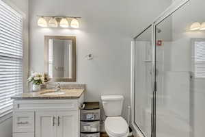 Full bathroom featuring toilet, a shower stall, and vanity