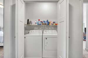 Laundry area with separate washer and dryer and carpet floors