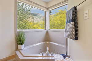 Primary full bathroom featuring a tub with jets and healthy amount of natural light
