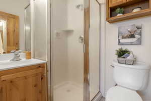 Bathroom with vanity and a stall shower