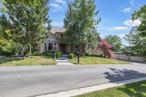 View of property hidden behind natural elements with stone siding and a front yard