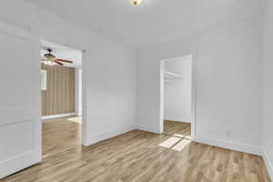 Primary bedroom featuring a ceiling fan and light wood-style floors and a walk in closet