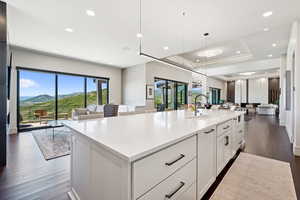 Kitchen with open floor plan, a mountain view, dark wood finished floors, a large island with sink, and white cabinetry