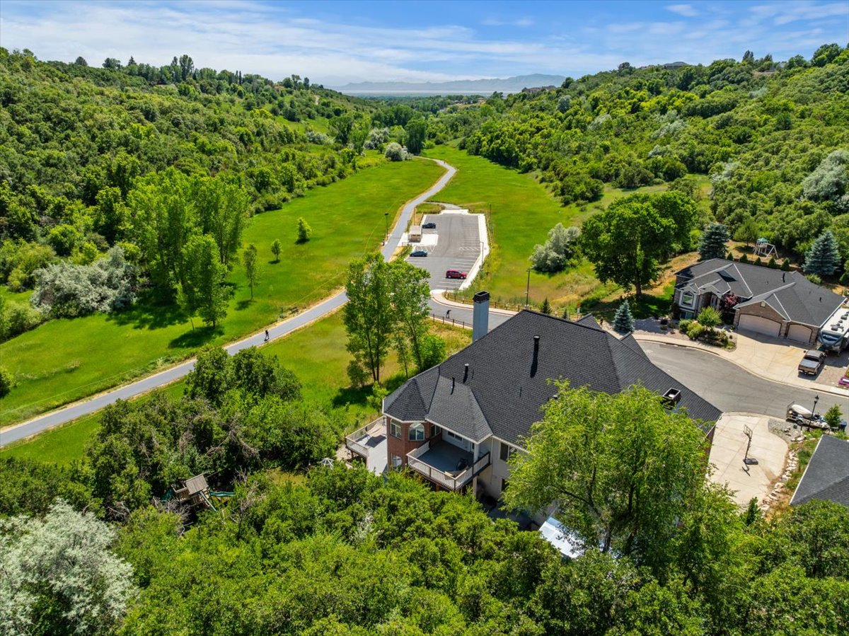 Aerial view of a heavily wooded area