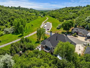 Aerial view of a heavily wooded area
