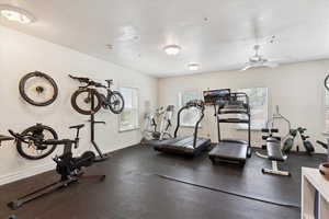 Exercise room with healthy amount of natural light and a ceiling fan