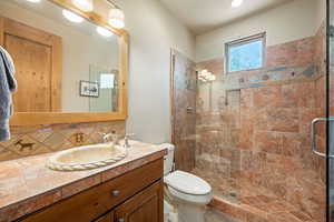 Bathroom featuring vanity, a stall shower, and backsplash
