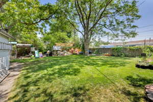 Fenced backyard with a playground