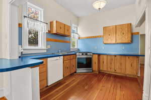 Kitchen with white dishwasher, stainless steel gas range oven, wood-type flooring, decorative backsplash, and dark countertops
