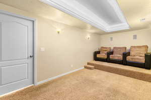 Carpeted cinema room with baseboards and a raised ceiling
