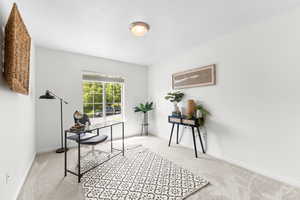Office area featuring light colored carpet and baseboards