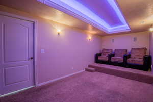 Cinema room with carpet and a raised ceiling
