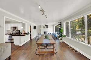 Dining room featuring a fireplace, dark wood-type flooring, crown molding, a textured ceiling, and rail lighting