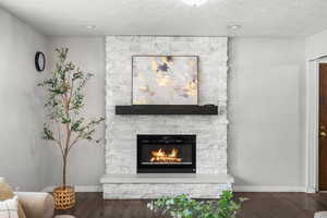 Living area with wood finished floors, a stone fireplace, and a textured ceiling