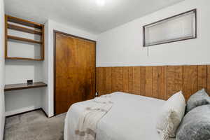 Bedroom featuring carpet floors, a closet, wooden walls, wainscoting, and a textured ceiling