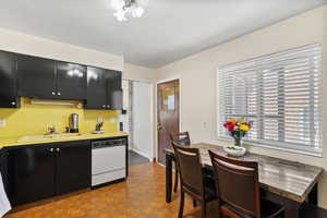 Kitchen featuring white dishwasher, dark cabinetry, and light countertops