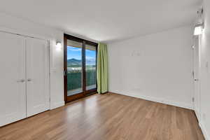 Unfurnished bedroom featuring access to exterior, light wood finished floors, and a wall of windows