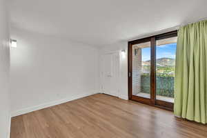 Unfurnished room featuring wood finished floors and a mountain view