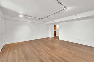 Unfurnished room with rail lighting and light wood-style flooring