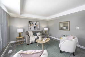 Carpeted living room featuring baseboards and a raised ceiling