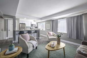 Living area with a raised ceiling and baseboards