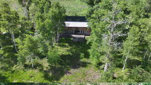 View from above of property with a heavily wooded area