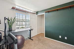 Office space with a textured wall, carpet floors, and a textured ceiling