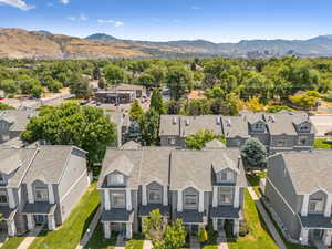 Aerial view of residential area with a mountain backdrop
