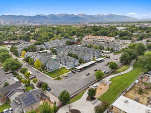 Aerial view of residential area with a mountainous background