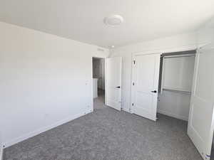 Unfurnished bedroom with carpet floors and a closet