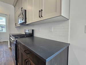 Kitchen featuring stainless steel appliances, decorative backsplash, dark countertops, and wood finished floors