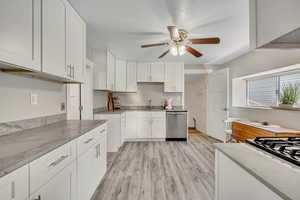 Kitchen with stainless steel dishwasher, ceiling fan, light wood-style floors, and white cabinets