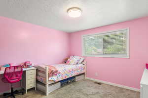 Carpeted bedroom with a textured ceiling and baseboards