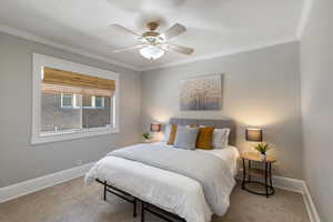 Bedroom with crown molding, carpet floors, and a ceiling fan