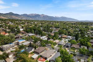 Aerial view of residential area with mountains