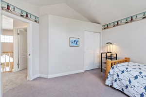 Carpeted bedroom with vaulted ceiling and a closet