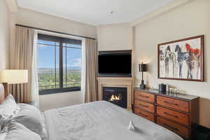 Bedroom with multiple windows and a glass covered fireplace