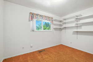 Carpeted empty room with baseboards and a textured ceiling