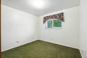 Spare room with dark colored carpet and a textured ceiling