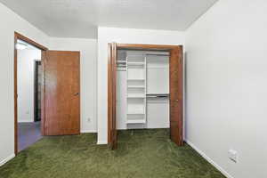 Unfurnished bedroom with carpet flooring and a closet