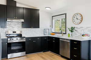 Kitchen featuring brand new stainless steel appliances, under cabinet range hood, quartz countertops, black cabinets