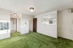 Carpeted spare room with a textured ceiling