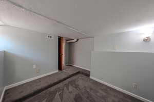 Finished basement with carpet and a textured ceiling