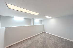 Finished below grade area with a textured ceiling and carpet flooring