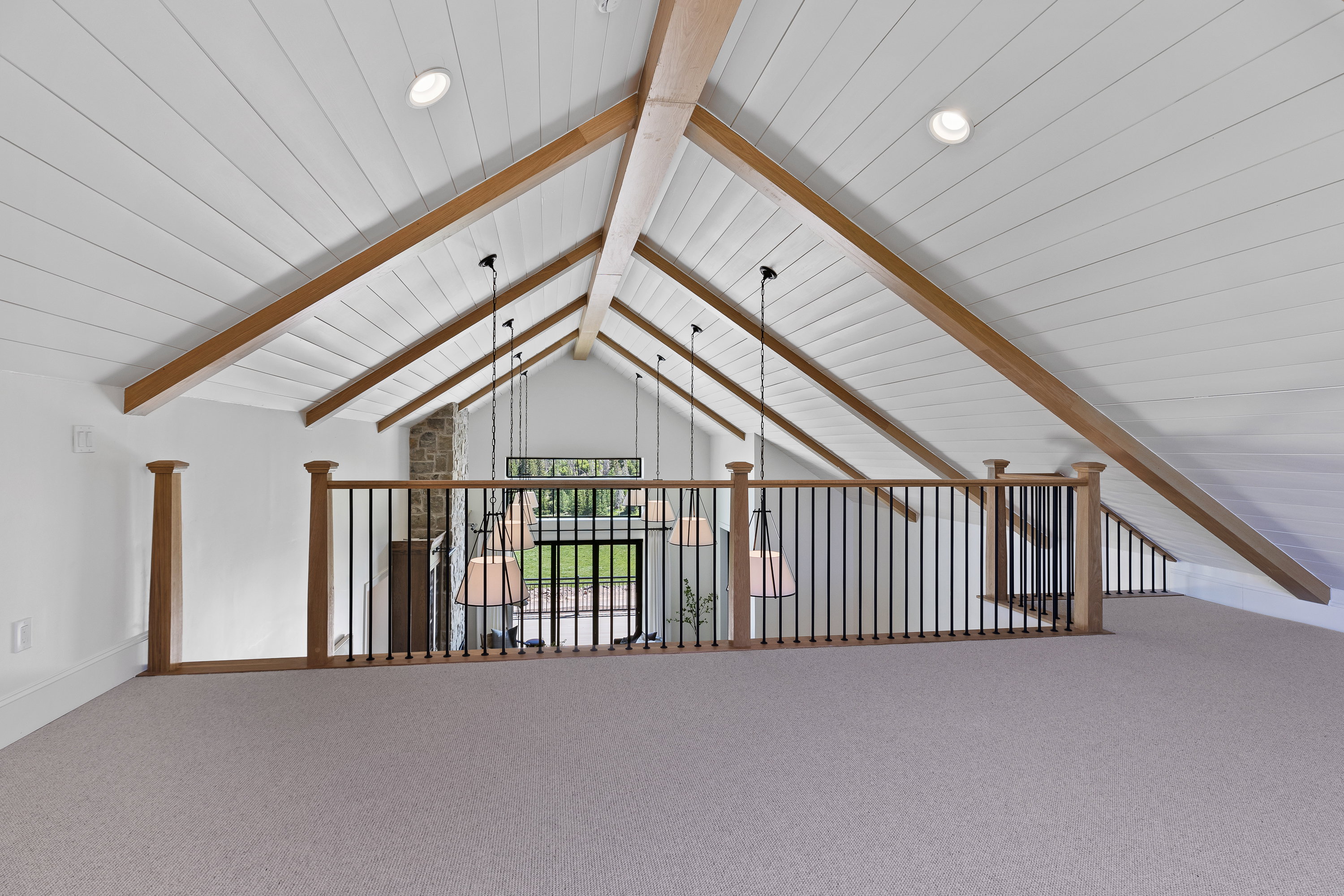 Additional living space featuring recessed lighting, carpet, and wood ceiling