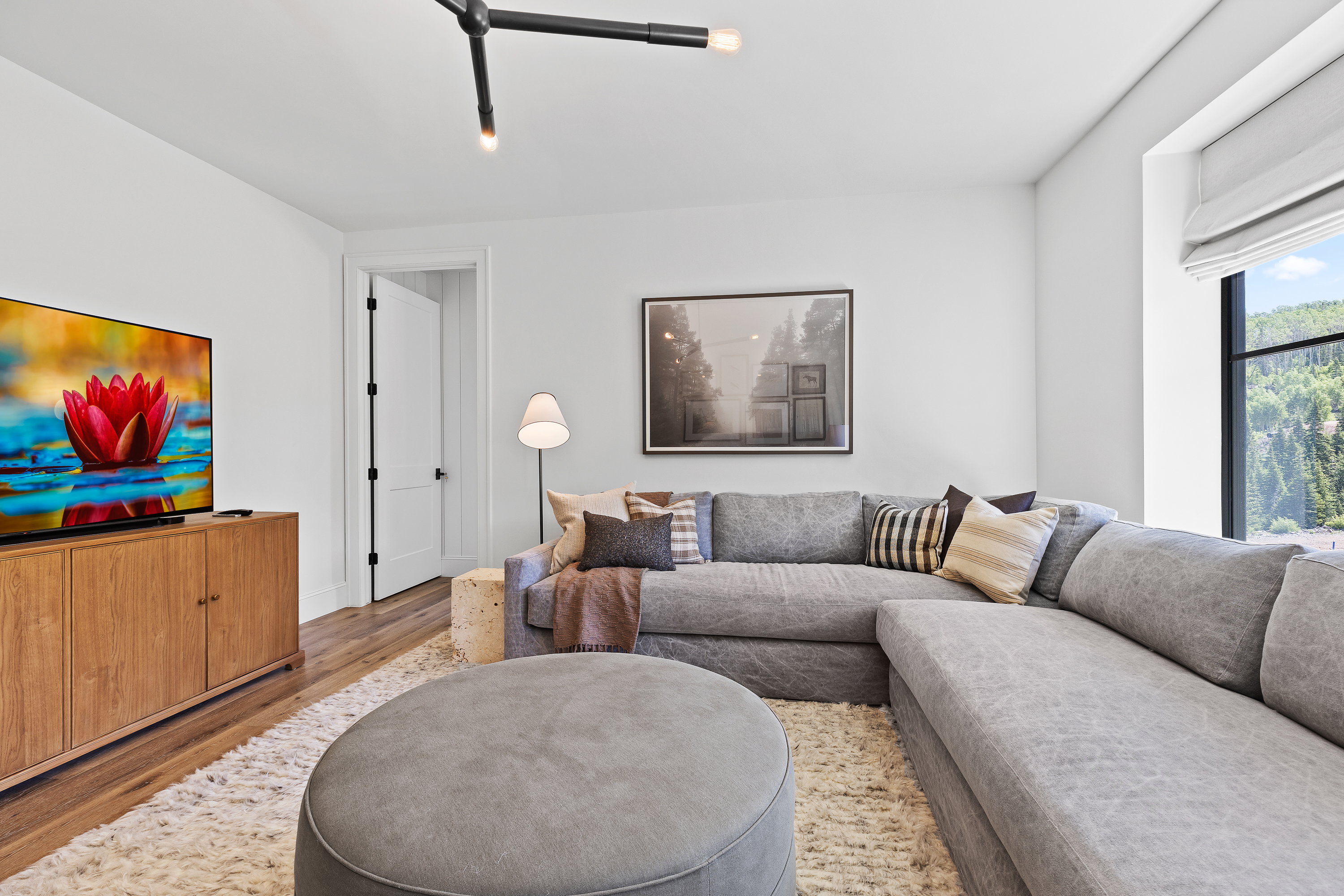 Living area with wood finished floors